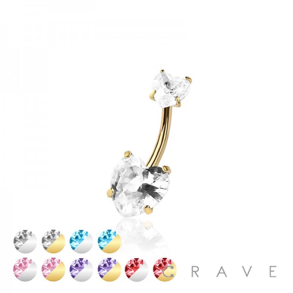 DOUBLE CZ HEART PRONG SET CZ 316L SURGICAL STEEL NON DANGLE BELLY RING